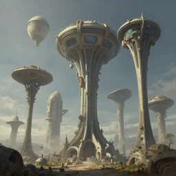 a group of strange looking structures in the sky, a detailed matte painting by Jason A. Engle, cgsociety, afrofuturism, matte painting, concept art, sci-fi