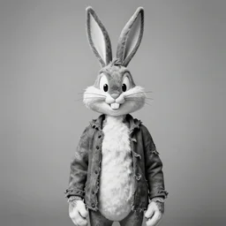 formal portrait of bugs bunny. homeless, dirty, torn clothes. black and white dslr photo.