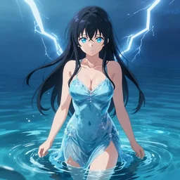 a very beautiful anime girl wearing a dress made of water standing in a crystal lake , full body, long black hair, azure blue watery eyes, full round face, seductive stare, cinematic lightning, medium shot, mid-shot, highly detailed, trending on artstation, Unreal Engine 4k, Stanley Artgerm Lau, WLOP, Rossdraws, James Jean, Andrei Riabovitchev, Marc Simonetti, and Sakimichan