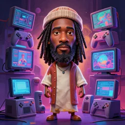 stylish caricature 3 d vfx drew struzan movie poster art of an african jesus surrounded by video gaming consoles, art style by james jean & hsiao - ron cheng, unreal engine render, digital illustration, sharp, intricate detail, volumetric lighting, ray tracing, soft light, neon, claymation style, ernie barnes style, symmetry, acrylic on canvas, pinterest, artstation,