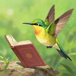 a hummingflamebird reading a book, trending on pixiv fanbox, painted by greg rutkowski makoto shinkai takashi takeuchi studio ghibli