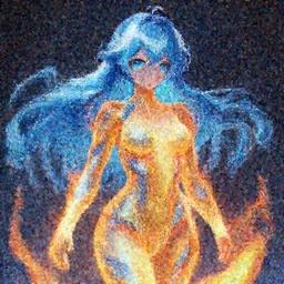 advanced digital anime art, a very cute beautiful and gorgeous woman with a body made of fire and water , full body, very long wavy blue hair, white highlights in hair, azure blue watery eyes, full round face, cinematic lighting, mid-shot, highly intricately detailed, trending on pixiv, Artstation, Totorrl, Visual Key, and Sakimichan