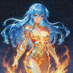 advanced digital anime art, a very cute beautiful and gorgeous woman with a body made of fire and water , full body, very long wavy blue hair, white highlights in hair, azure blue watery eyes, full round face, cinematic lighting, mid-shot, highly intricately detailed, trending on pixiv, Artstation, Totorrl, Visual Key, and Sakimichan