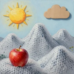 landscape of bubble wrap mountain range with an apple for a sun and cardboard clouds, painting, 4k