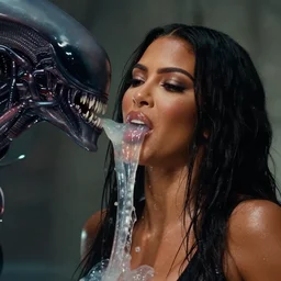 film still of kim kardashian being ingested by an xenomorph, alien goo, transparent goo, transparent liquid, saliva, 8 k