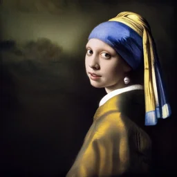 mona lisa as the girl with the pearl earring in the style of vermeer.