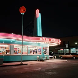 color street view in america of market district at night, diner, from 1 9 7 2, retro futurism on film