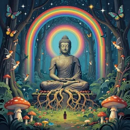 buddha, samadhi, enchanted cosmic forest, roots from angkor wat, mushrooms on the ground, small fairies, stars in the sky, butterflies, rainbows, vector art, optical illusion, heavenly underwater, 4 k, fantasy poster by helen huang and frank frazetta and salvador dali