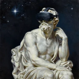 a statue of socrates wearing an oculus quest 2 and looking up towards the stars, oil painting