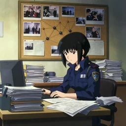 a cinematic shot from the anime film of the ( ( ( ( cyberpunk ) ) ) ) police detective's disorganised desk with stacks of folders and files and the wall with a corkboard of crime connections ( ( ( crimescene photos, cases and notes ) ) ) in her bedroom, in the anime series ergo proxy, by josan gonzalez, featured on artstation