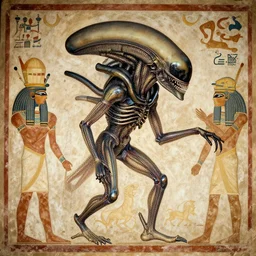 [ xenomorph ] [ giger ] [ alien ] from movie aliens painted on ancient egyptian mural art