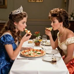a highly detailed photo of ( young beautiful queen margherita of savoy )!!!!, sitting at a ( long table )!!! eating a pizza margherita together with a ( young beautiful sophia loren )!!!!, right angled view, smooth lighting, masterpiece, timeless, genious composition