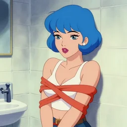 short blue haired woman, tied kidnapped in tile bathroom, american pop ( 1 9 8 1 ) animation