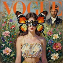 woman with butterfly wings, masquerade ball butterfly mask, vogue magazine, elle magazine, greg rutkowski, john singer sargent, anime, trending on artstation, oil painting, intricate, flower garden, crop top