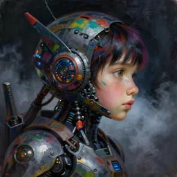 a dark and colorful close - up side profile portrait of a sci - fi young mecha android robot with led lights glowing fog in the background. highly detailed science fiction painting by norman rockwell, frank frazetta, and syd mead. rich colors, high contrast, gloomy atmosphere, dark background. trending on artstation