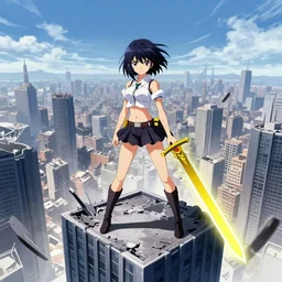 a female anime protagonist with a big yellow sword standing on the top of a skyscraper overlooking a destroyed city, trending on deviant art