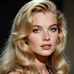 stunning award - winning portrait by peter lindbergh of a beautiful young blonde woman. gorgeous blue eyes. vintage hollywood glamour. long shiny wavy hair. movie star makeup. vogue. fashion photography. sharp focus. canon 5 0 mm.