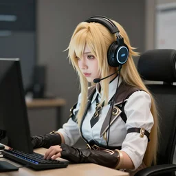 a blonde miqo'te sitting in front of a computer wearing headphones, final fantasy xiv, in the style of greg rutkowski, fantasy, amazing detail, epic, elegant, smooth, sharp focus