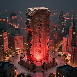 a huge towering and broken stone tablet with red light stands in the center of a prosperous city at the end of the world, by sung choi, artstation,