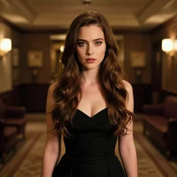 style artgerm, joshua middleton, ellen jewett : : dimly lit hotel lobby : : beautiful anna kendrick with black dress, very long wavy brown hair, symmetrical face, symmetrical eyes : : detailed, cinematic lighting