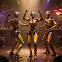 steampunk robots dancing at a night club by otto dix and greg rutkowski and andreas rocha, cinematic lighting, warm colours, ultra realistic, unreal engine, trending on artstation, 4 k