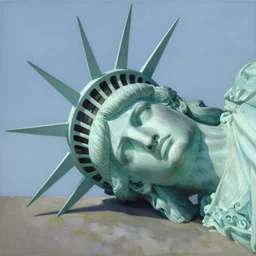 cut off statue of libertys head with crown is lying sideways on the ground .low angle painting