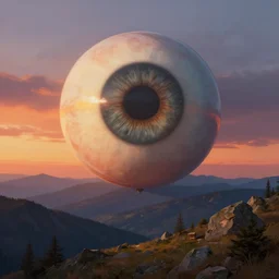 a giant eye ball in the sky in a mountain landscape. by jakub rozalski, cinematic composition, surreal photography, sunset, dramatic light, digital painting, artstation, simon stalenha, greg rutkowski