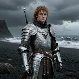 stunning portrait of a noble warrior. He wears polished, ornate armour. The setting is a black Icelandic beach. A storm is on the horizon. Epic fantasy art. Award-winning on Artstation. Sharp. HD. 4K. 8K