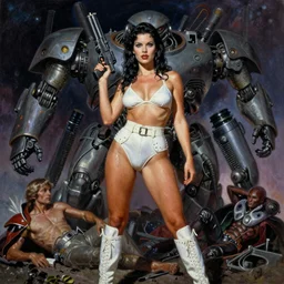 A mixed media portrait painting of a beautiful woman an alien planet, very curvy, aesthetic! high-waisted white-bikini-armor and boots, holding a ray-gun, aesthetic symmetrical face and eyes, model, wet, discarded mechsuit in background, by  Frank Frazetta, Boris Vallejo, Beeple, Greg Rutkowski, Christian MacNevin, eighties-pinup style, epic fantasy character art, high fantasy, CGsociety, exquisite detail, post-processing, masterpiece, cinematic