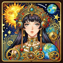 steampunk art nouveau portrait of a sun and moon and stars and a comet and the planet earth, rich bright cartoon colors, intricate, ornate, circuitry, gears, painted, extremely hyperdetailed, art deco, anime, sharp focus
