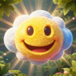 fantastical vibrant bulbous smiley face emoji shaped cloud with holes for eyes and mouth, in a nature scene by marc adamus, high definition, gel texture, rays of light breaking behind the emoji, 😃😀😄☺🙃😉😗, cheerful, rave art