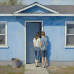 a couple outside the door of a small suburban house, dusty blue. beautiful painting by artgerm and greg rutkowski