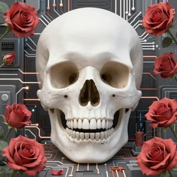portal to another dimension, surrounded by roses and electric circuitry, skull. art noveau watercolor by moebius and clamp, intricate details.