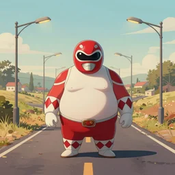 a study of cell shaded cartoon of an obese power ranger on a country road, street lamps, road, illustration, wide shot, subtle colors, post grunge, concept art by josan gonzales and wlop, by james jean, Victo ngai, David Rubín, Mike Mignola, Laurie Greasley, highly detailed, sharp focus, Trending on Artstation, HQ, deviantart, art by artgem