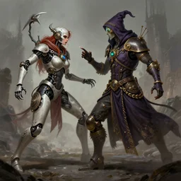 steampunk necromancer fighting her robotic doppelganger, high fantasy, by rossdraws