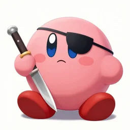 kirby with a knife and an eye patch sitting in a d & d fantasy tavern, 4 k, ultra realistic, octane render
