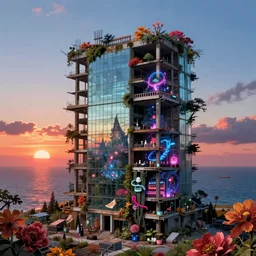 unfinished building by pierre de meuron, reclaimed by nature studio ghibli gem apocalyptic dieselpunk at dawn cgsociety made of glass sea sunset hyperrealism biopunk at night atlantis fantasy evil magic realism dramatic lighting flowers neon noir scumm bar anime at fall, archdaily, wallpaper, highly detailed, trending on artstation.