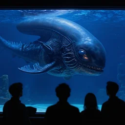 close - up view of silhouettes watching a giant dark sci - fi alien sea creature with big glowing eyes in a giant futuristic fish tank, deep blue colors, highly detailed science fiction painting by syd mead, roger dean, and moebius. rich colors, high contrast, black background. artstation.