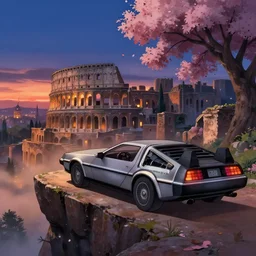 animation key shot, a delorean is parked on a cliff overlooking an ancient roman city at night, studio ghibli, pixar and disney animation, sharp, rendered unreal engine 5, film key art, greg rutkowski, bloom, dramatic lighting, sunrise