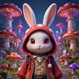 4 k headshot portrait of a psychedelic demonic anthropomorphic bunny rabbit with mushroom themed clothes, magic mushroom village in background. award winning, stylized neon, post - processing, masterpiece, superb resolution. in the art style of junji ito and greg rutkowski. detailed mushroom city in background. hyper realistic anime. perfect art. dalle 2