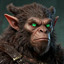 still from 3 0 0 of a head and shoulders action photo, male bugbear goblin barbarian, bright green eyes, furry, d & d, high fantasy, by hr giger, facial detail, extremely detailed, comic book cover photo