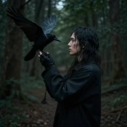 human mixed with a crow, photograph captured in a dark forest