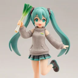 still figurine of hatsune miku in comfy sweater, holding a scallion, eyes by kon satoshi, personification, dynamic pose, detailed product photo, featured on amiami, tone mapped, beautiful composition, 8 5 mm, f. 1 4