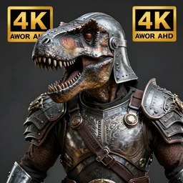 photo of a warrior with metal t - rex themed armour and helmet, highly detailed, 4 k, hdr, smooth, sharp focus, high resolution, award - winning photo