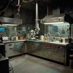 underground lab kitchen, sci-fi, ancy, futuristic, technology, realistic, 80k, 8mm, Grainy, Panavision