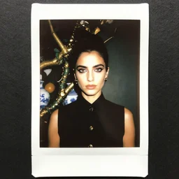 An autochrome instax frame of Portrait of a The Unseen by Lara Zankoul from Prometheus movie and Alien movie featured in Vogue and Highsnobiety editorial fashion photography, beautiful eyes, symmetry face, haute couture dressed by Givenchy and Salvatore Ferragamo painted by Andrea Pozzo, in porcelain and metal and lush branch