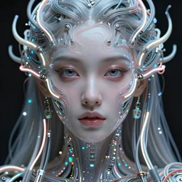 very beautiful woman, big open eyes, full face frontal centered, portrait, abundent detailed intricate symmetrical ornate neon cables connected to head, clear lips, luxurious long hair, sophisticated abundent wiring and implants, translucent, porcelain, fractal, sci - fi, dramatic lighting, photography, highly detailed, trending on artstation, deviantart, 8 k, by chie yoshii