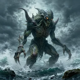a giant cthulhu half leaking out of the sea, surrounded by hurricanes and storm
