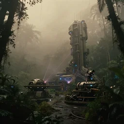 film still of a dark futuristic scientific research outpost with complicated machinery and lasers in a moist foggy jungle, science fiction, ridley scott, lights through fog, futuristic outpost building, wet lush jungle landscape, dark sci - fi, 1 9 7 0 s, beige and dark atmosphere, ridley scott
