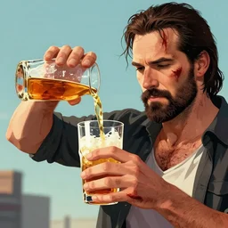 close up of bloodied max payne pouring a drink, sun shining, photo realistic illustration by greg rutkowski, thomas kindkade, alphonse mucha, loish, norman rockwell.